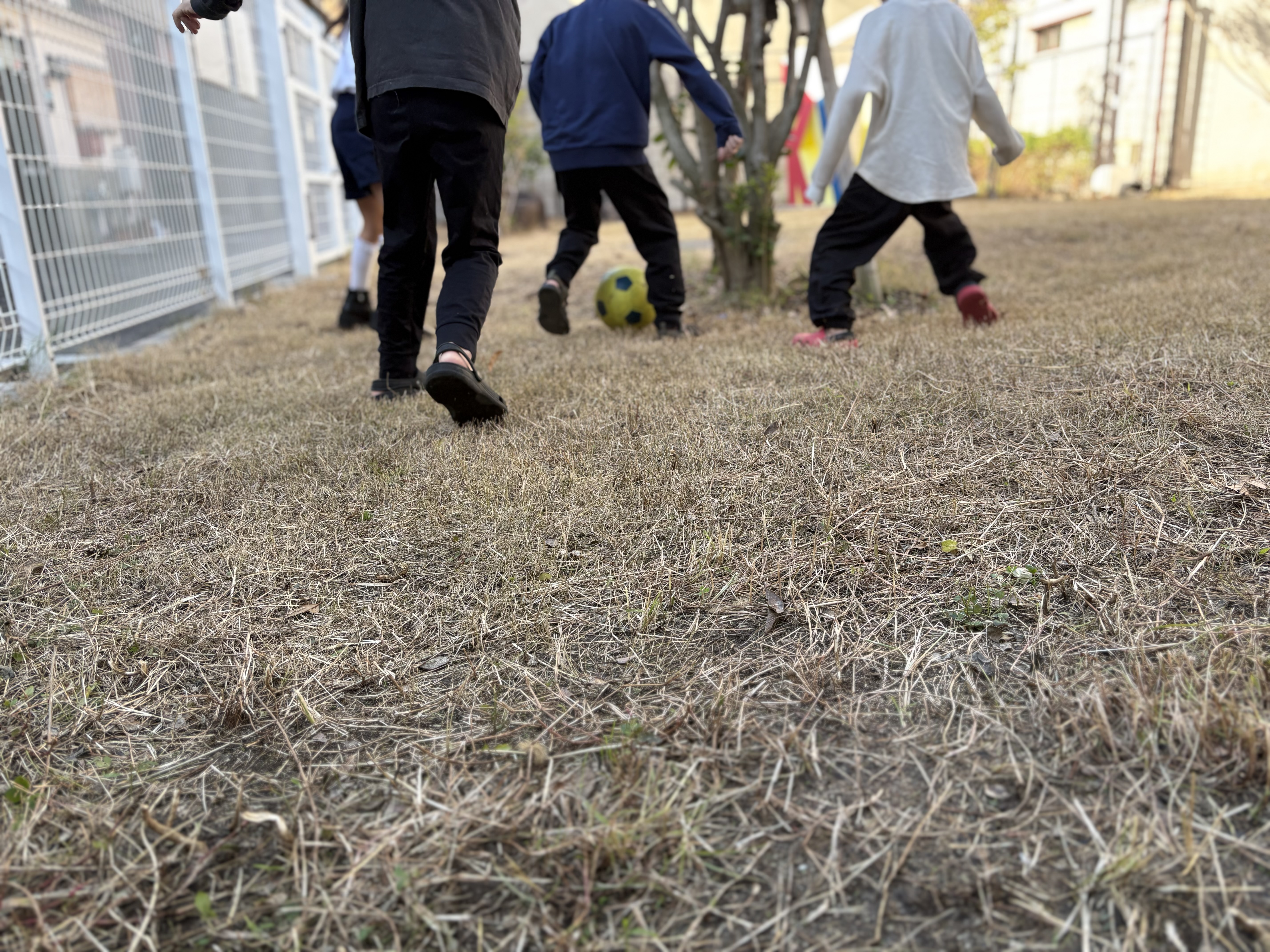 公園で全力でボールを追いかけ、全身を使って思い切り【発散】するサッカー活動の風景
