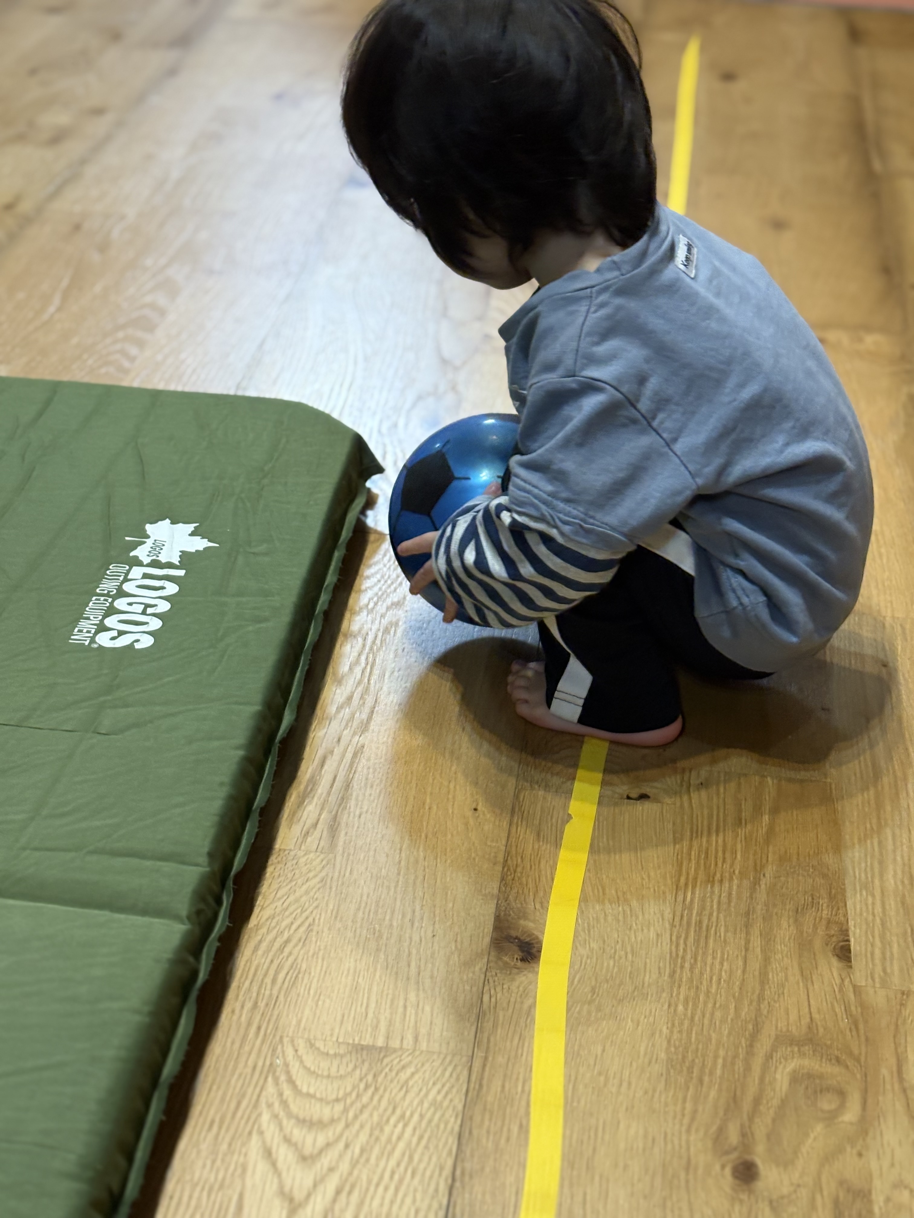 ボール遊びもできるようになって来たんだ。両手でボールを掴んで、前に投げることに挑戦中。