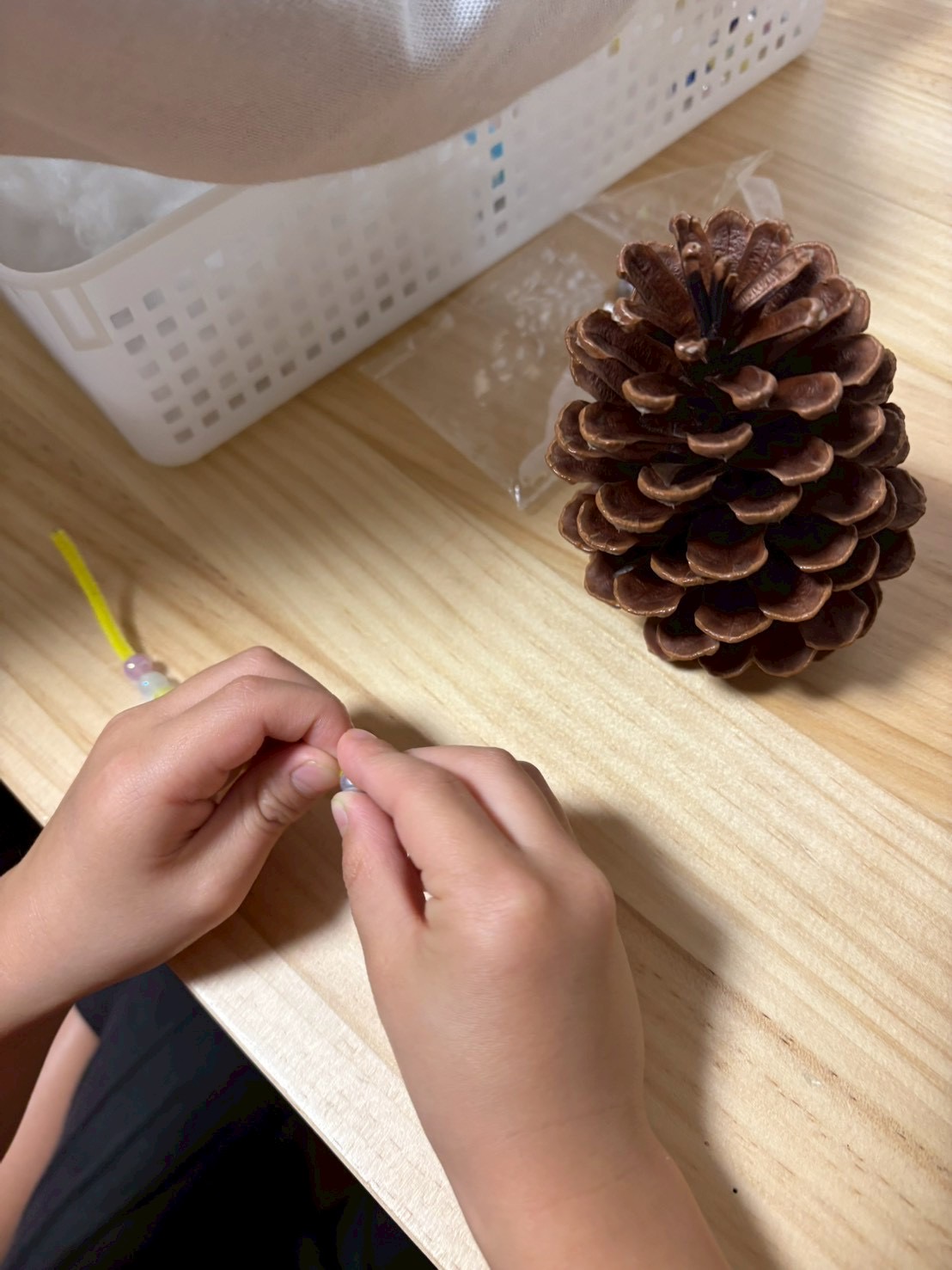 大きな松ぼっくりを目の前にして驚きとワクワクで、早く装飾品をつけたいと笑顔になる。