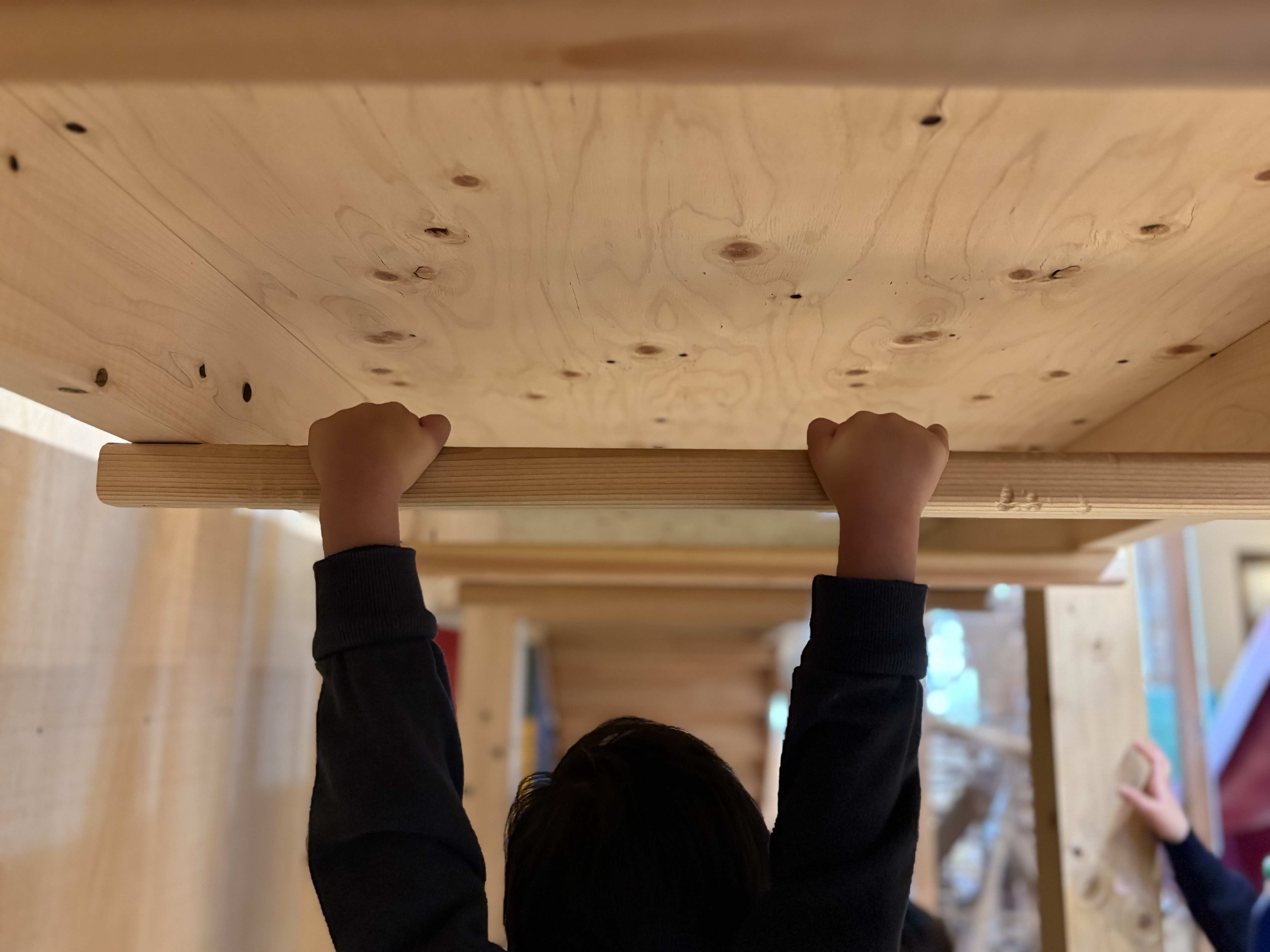 ヒノキの雲梯に、小さいてを力いっぱいを入れて握る様子。