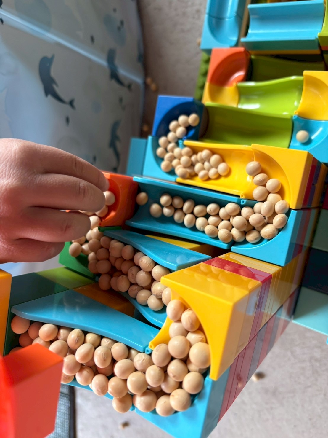 「大豆の滝、放流開始。」
LEGOの隙間に大豆を流し込み、どう動くか固唾を呑んで見守る真剣な眼差し。