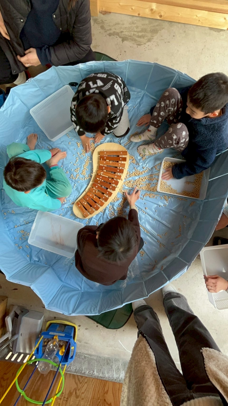 「駐車場スタジアム、開門！」

ブルーシートいっぱいに広げられた真っ白な大豆の海。非日常な空間に期待が高まる広角ショット。
一次的な修正：背景の駐車場を少しぼかし、主役の大豆の質感を強調します。