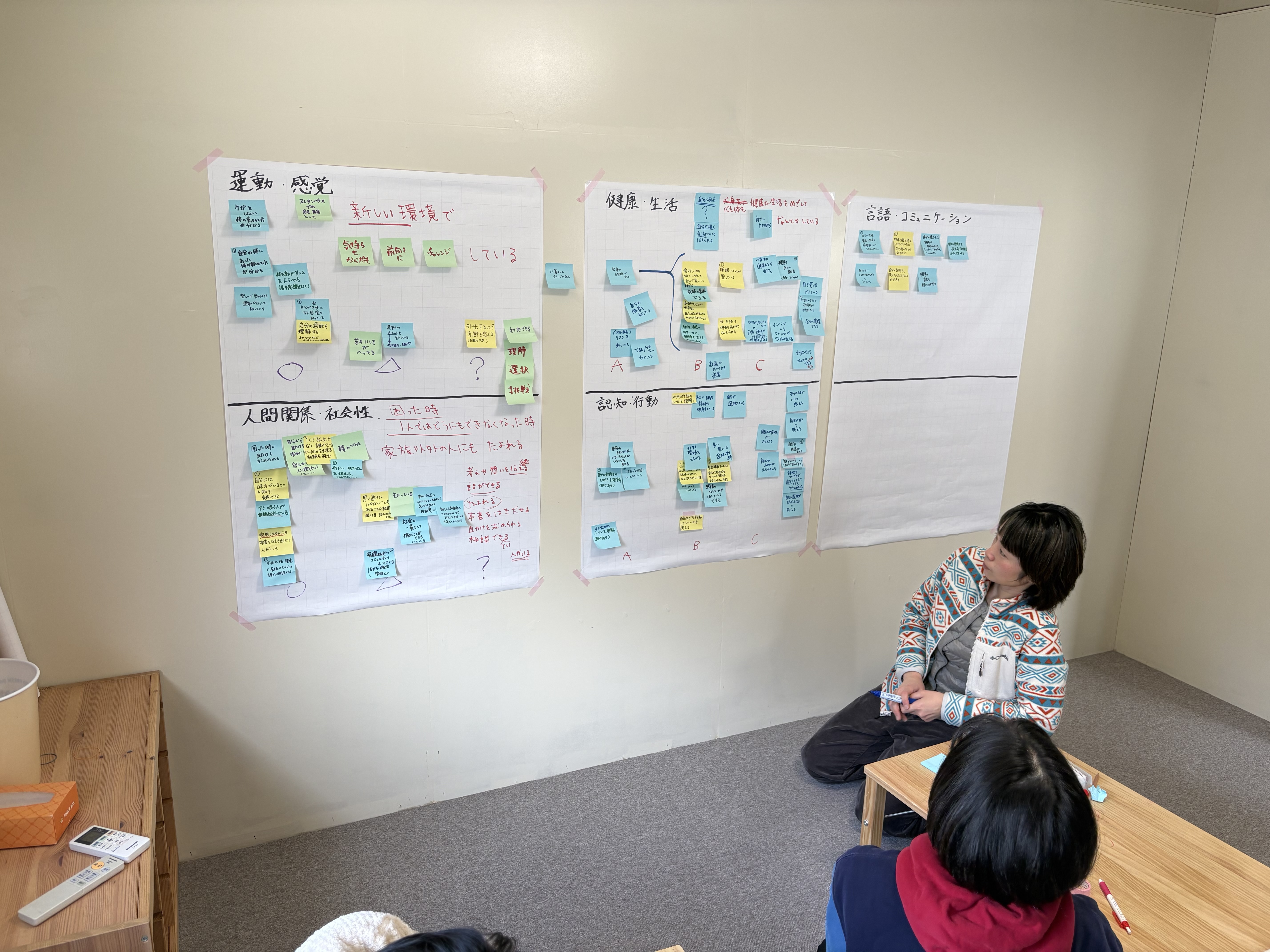 「想いが重なる、ポストイットの海。」

模造紙を埋め尽くす色とりどりの付箋。一つひとつが、スタッフが見つめてきたお子様の「笑顔の将来像」。