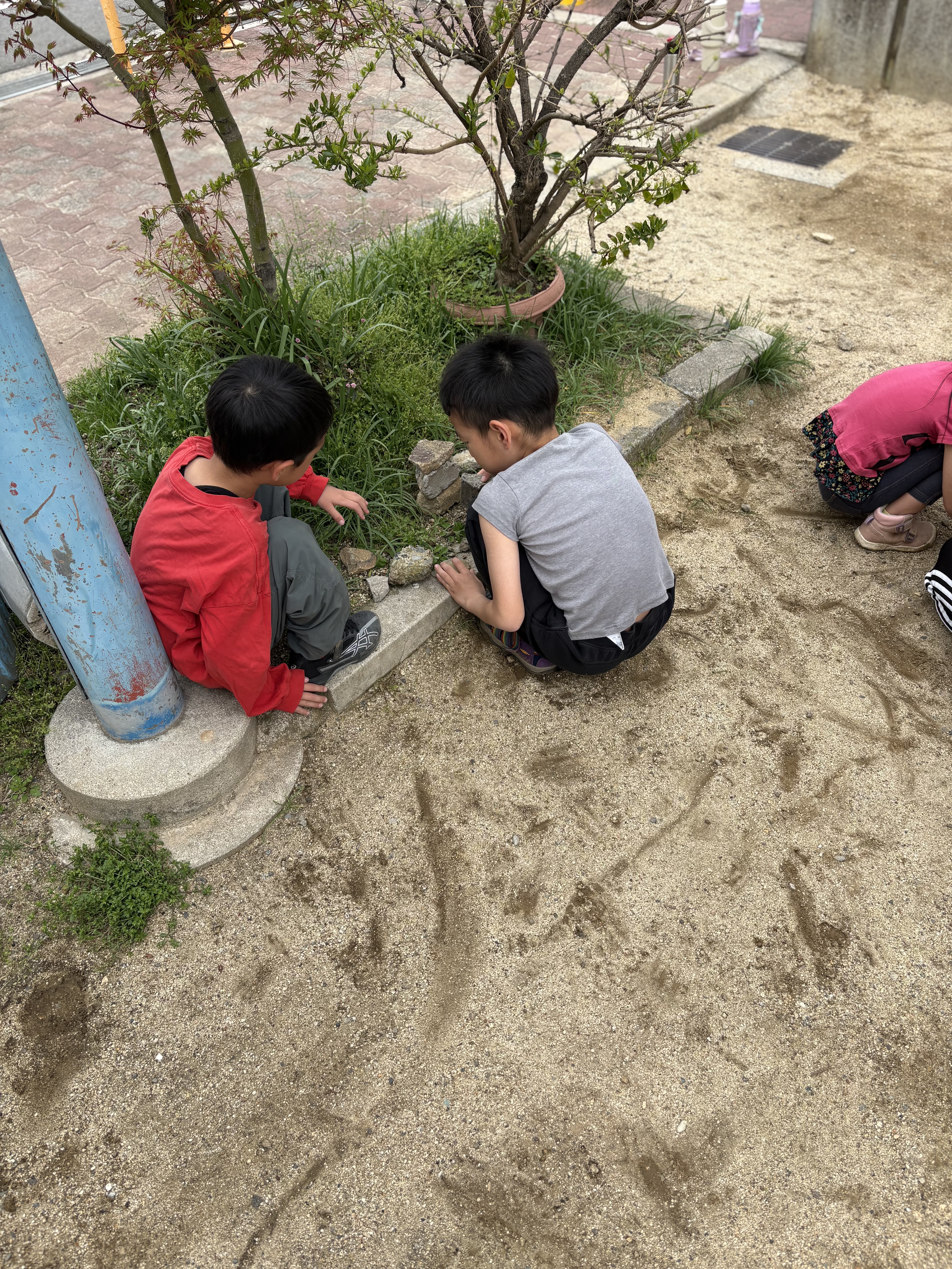 「リベンジ!再構築の決意。」
崩れた石を拾い集め、すぐに「次はこうしよう」と積み始める、前向きな意欲。