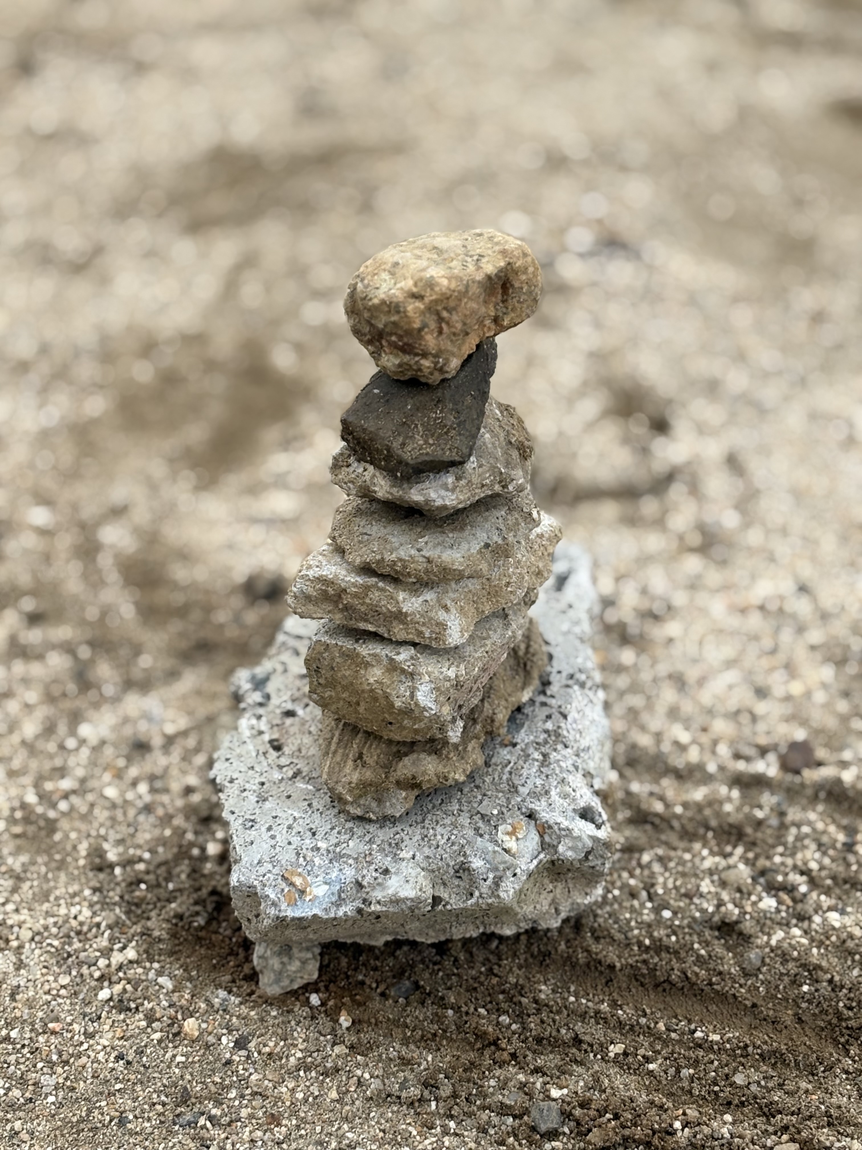 「みんなの塔、庭に並ぶオブジェ。」
それぞれが作った個性豊かな石積みが、青空の下に並ぶ、アートのような引きの構図。