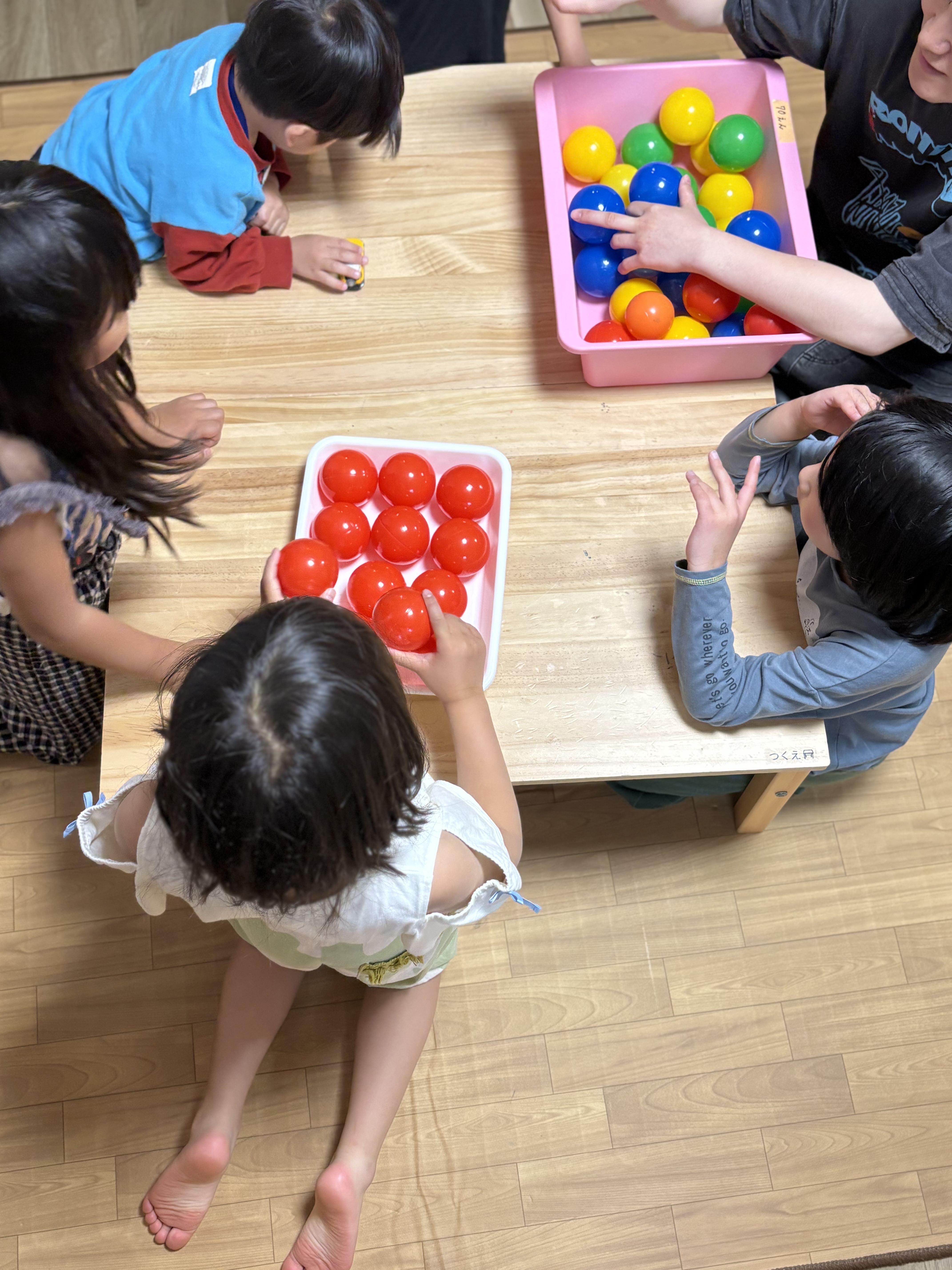 「指先、全集中。そーっと、そーっと。」

ボールを指先でつまみ、バランス板へ運ぶ瞬間のクローズアップ。指先の「微細運動」と「固有受容覚」の使い方が伝わる1枚。