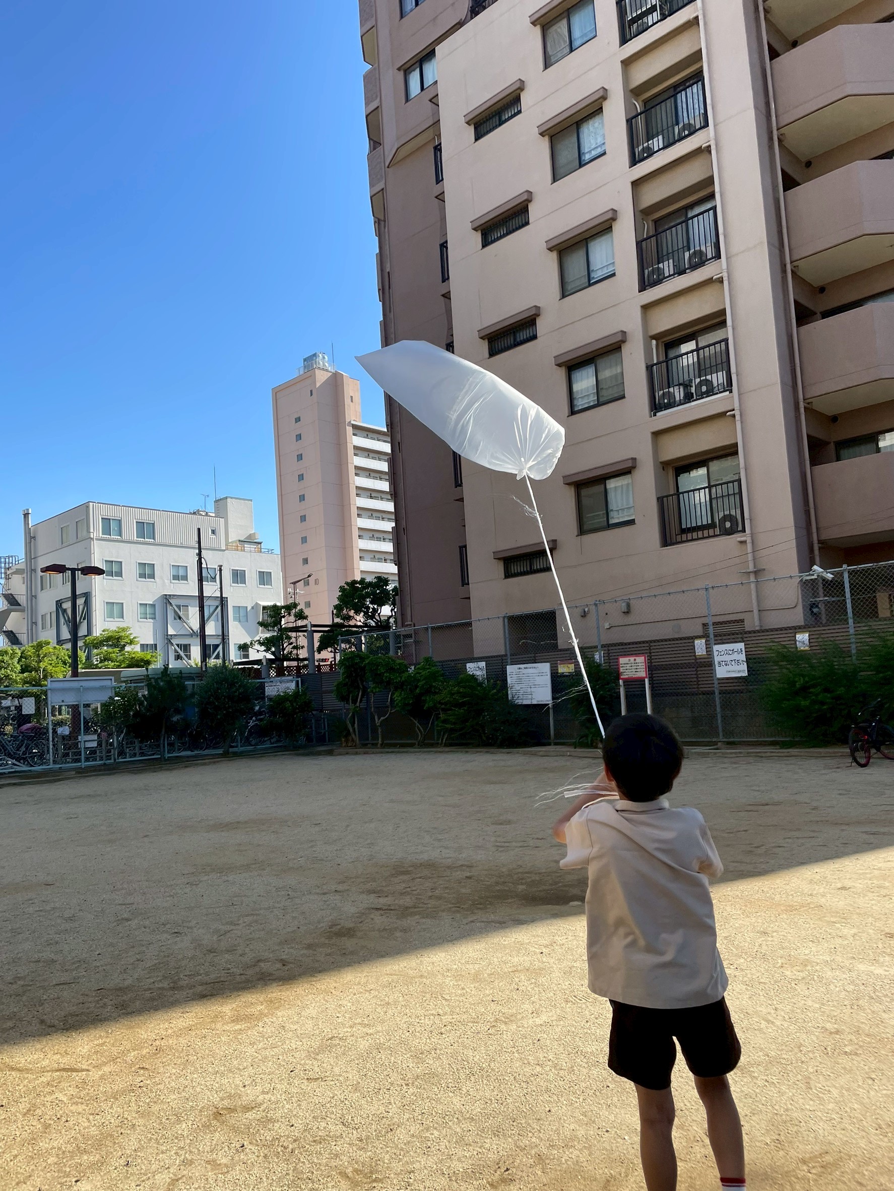 「空を駆けるクジラみたい!」
太陽の光を浴びて、初夏の青空にキラキラと輝きながらなびく巨大バルーンのダイナミックなクローズアップ。