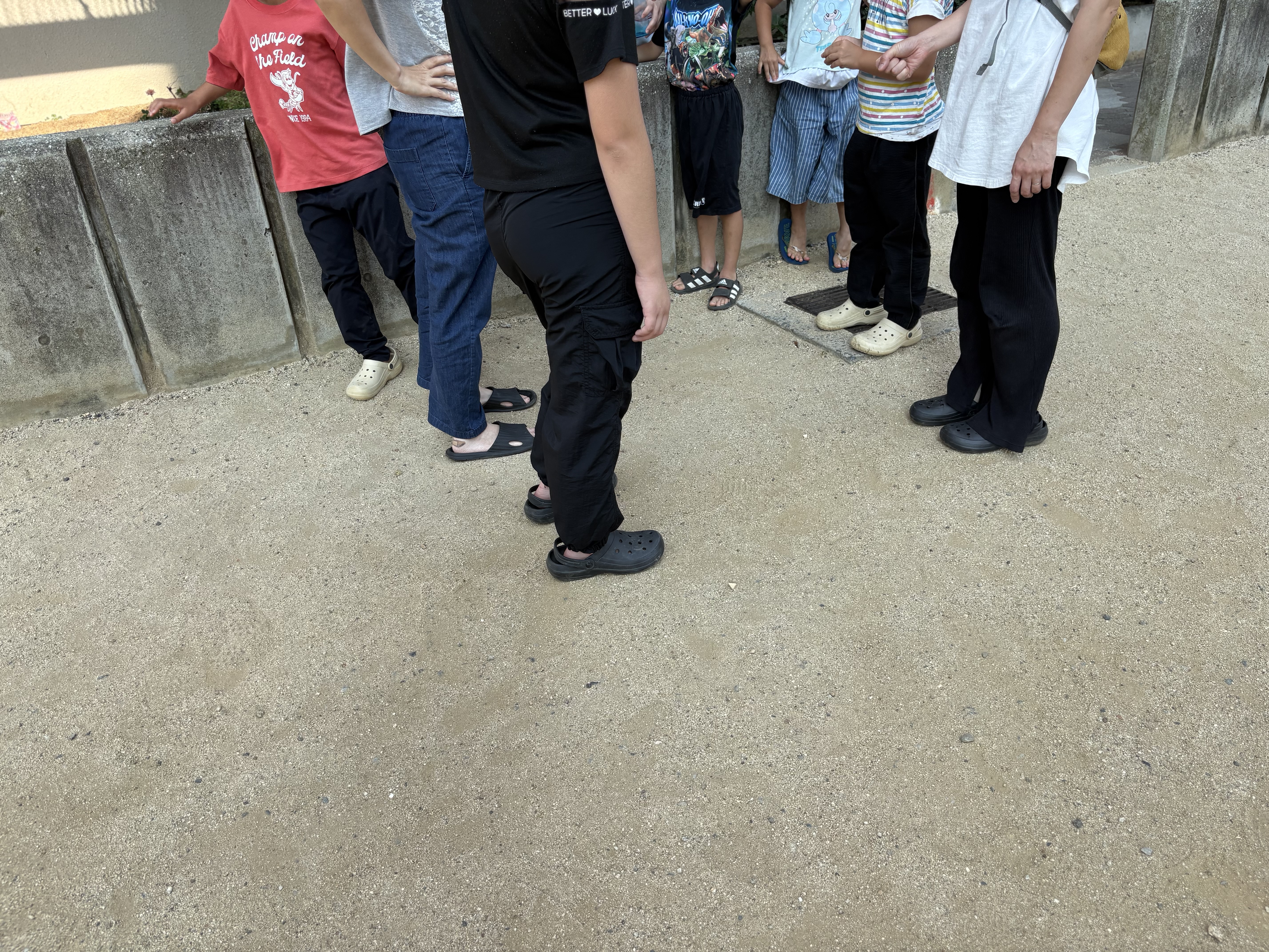 「夕方の日陰に集まった子どもたち！作戦会議とルール説明」
少し涼しくなった公園の日陰にみんなで並び、スタッフが掲げる特製ボトルとルール説明を真剣に聞くワクワクの引きショット。