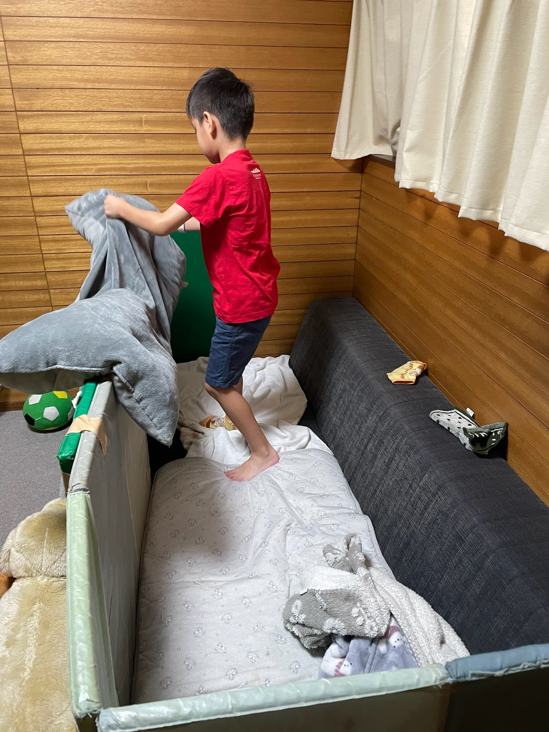 「『ふかふかベッド&おもてなしのぬいぐるみ』工夫の詰まった高級ホテル室内」
毛布や敷きパッドが敷かれ、ぬいぐるみが家族のように並べられた「特製ホテル」の全体寄りのカット。