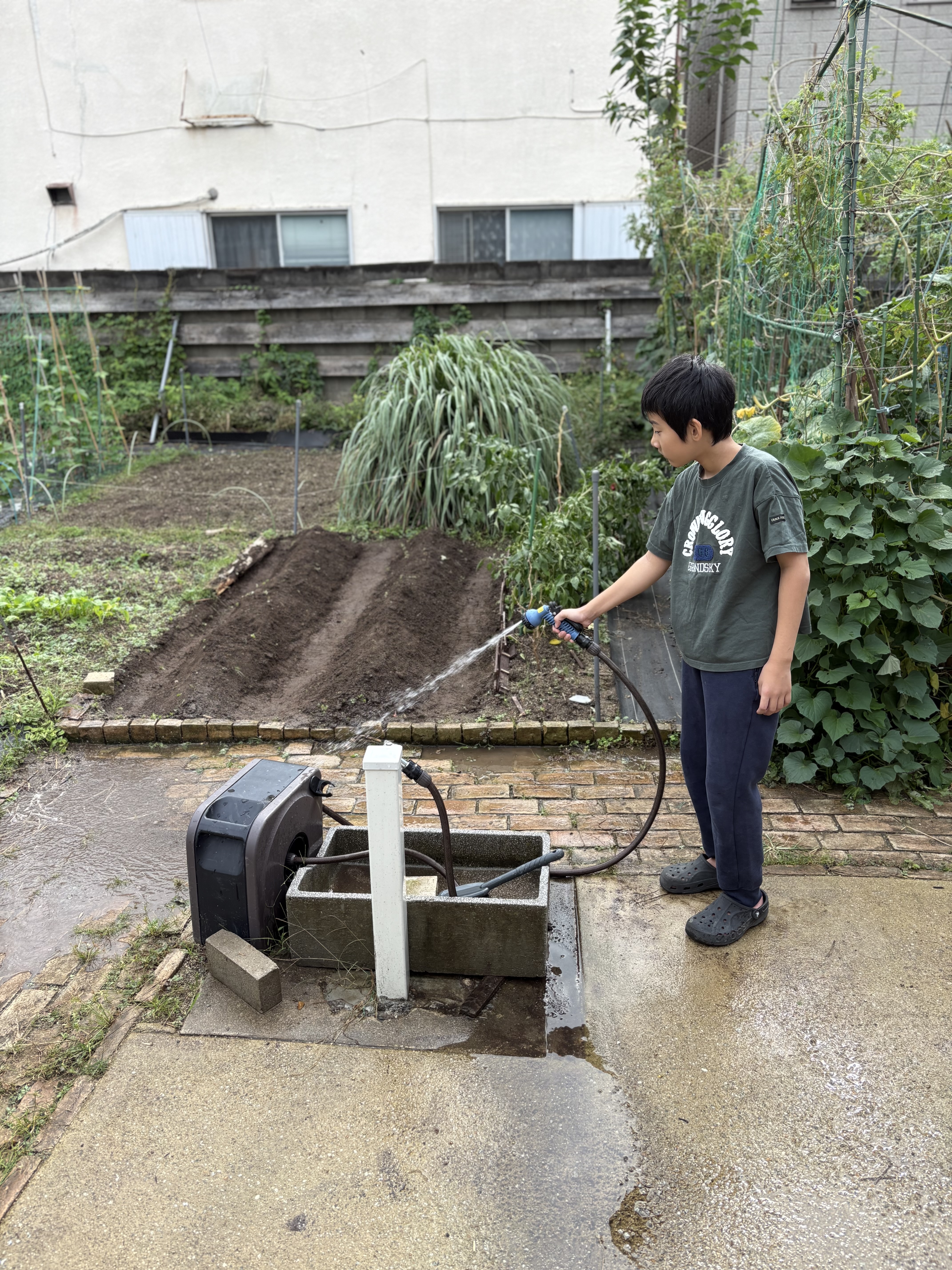 「『お水たっぷりあーがれ!』ホースを手においしい土へシャワー!」
ホースを両手で持ち、ふかふかの土に向かって「たっぷり届いてね!」とキラキラしたお水を撒く爽快な1コマ。